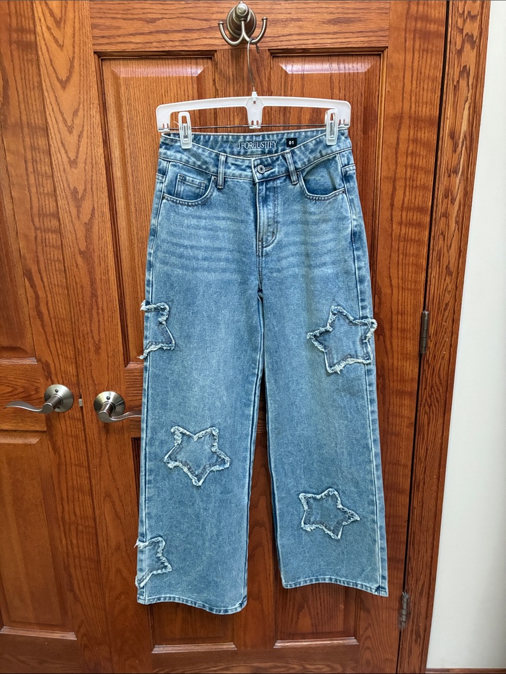 J for Justify High-Rise Wide Leg Jeans with Frayed Star Patches, Size 1